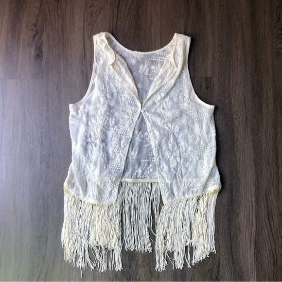 None Tops - Fringe Vest Embroidered Women's S/M Ivory Sheer Hippie Boho Festival 70s